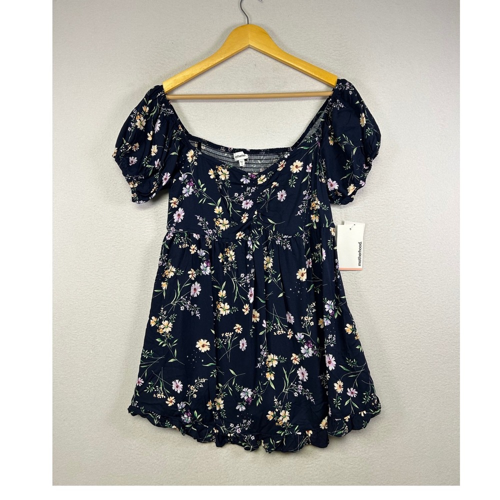 Cottagecore NWT Motherhood Maternity Women M Navy Floral Smocked Puff Sleeve Top